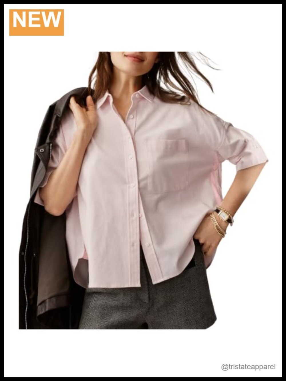 Oversized Cotton Button Down Blouse Half Sleeve Back Pleated Office Work Shirt